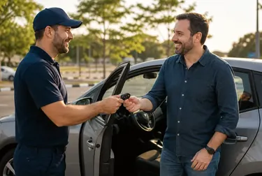 Chaveiro com ferramentas abrindo a porta de um carro.