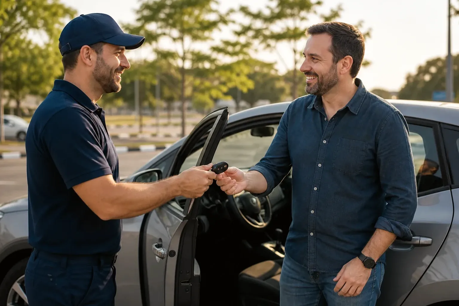 Chaveiro com ferramentas abrindo a porta de um carro.