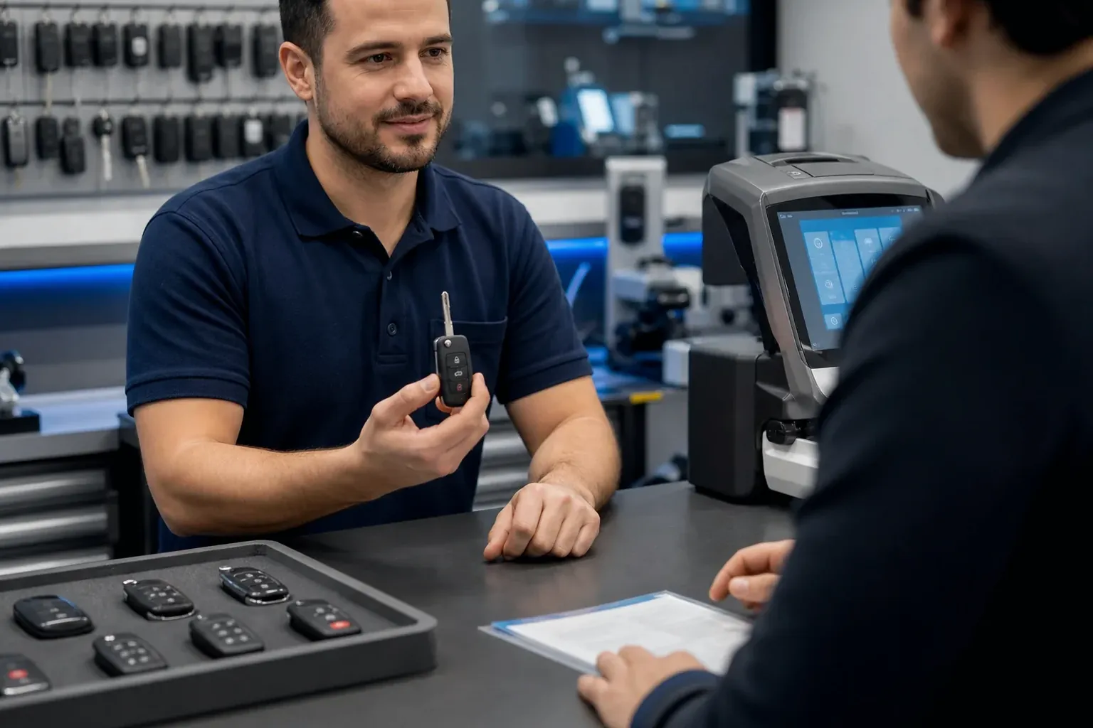 Chaveiro confeccionando chave codificada com equipamento especializado.