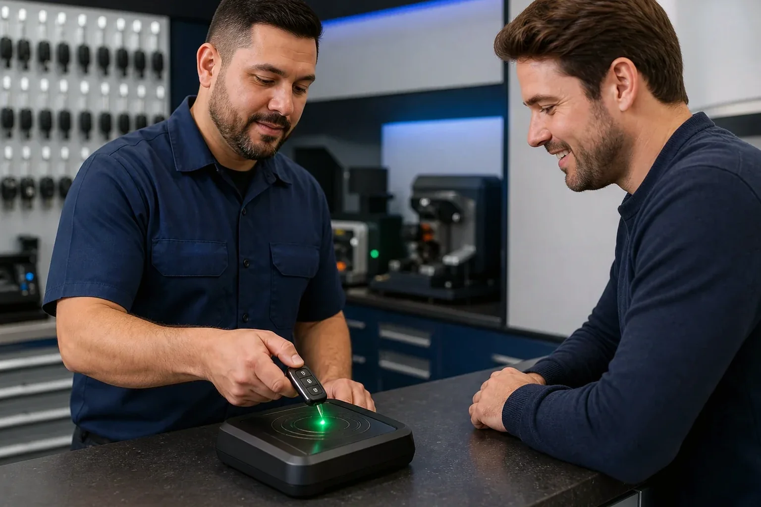 Chaveiro configurando o controle remoto de um veículo.
