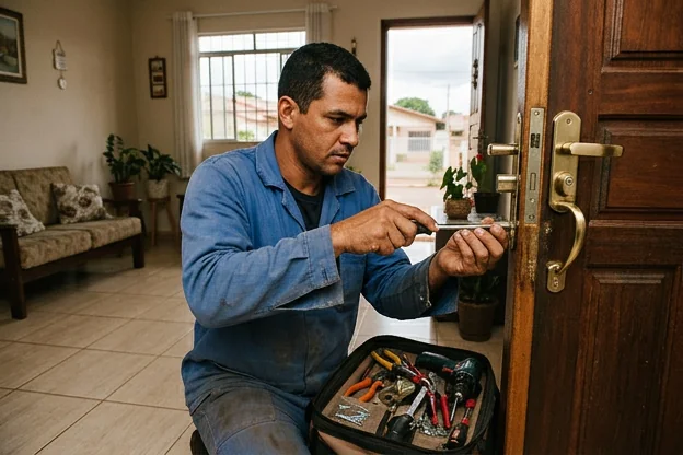 Profissional chaveiro trocando fechaduras em uma porta residencial.
